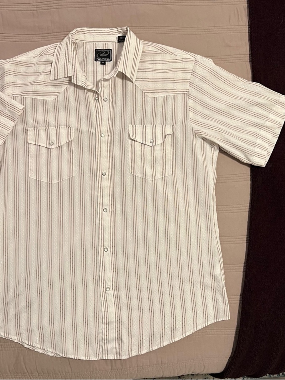 Roper Men's Short-Sleeve Button-Down Cream Shirt Brown Stripes Pearl Snap SizeXL